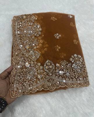 Antique bronze designer sequence embroidery work net saree 4