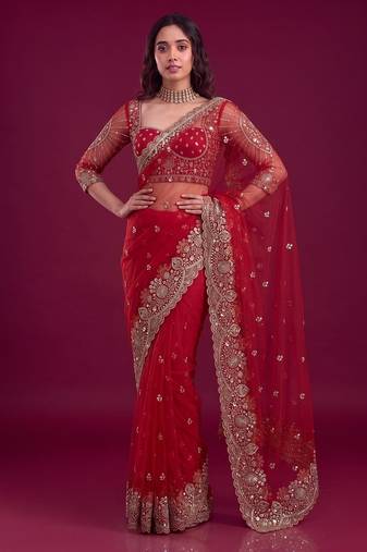 Ruby red designer sequence embroidery work net saree