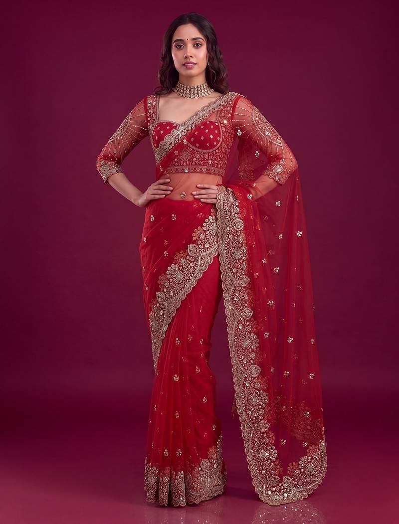 Ruby red designer sequence embroidery work net saree