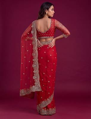 Ruby red designer sequence embroidery work net saree 3