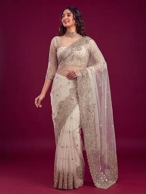 Pearl ivory designer sequence embroidery work net saree 1