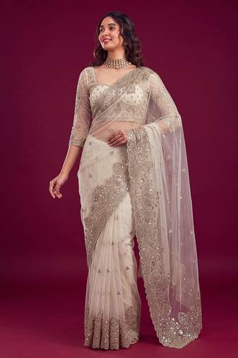 Pearl ivory designer sequence embroidery work net saree
