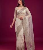 Pearl ivory designer sequence embroidery work net saree