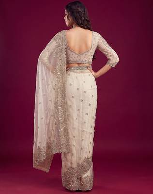 Pearl ivory designer sequence embroidery work net saree 2