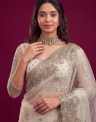Pearl ivory designer sequence embroidery work net saree 3