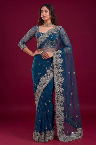 Deep teal blue designer sequence embroidery work net saree