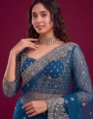 Deep teal blue designer sequence embroidery work net saree 2