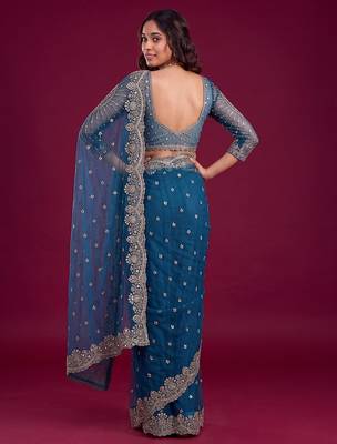 Deep teal blue designer sequence embroidery work net saree 3