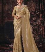beige kanjivaram silk heavy embroidery beads party wear saree