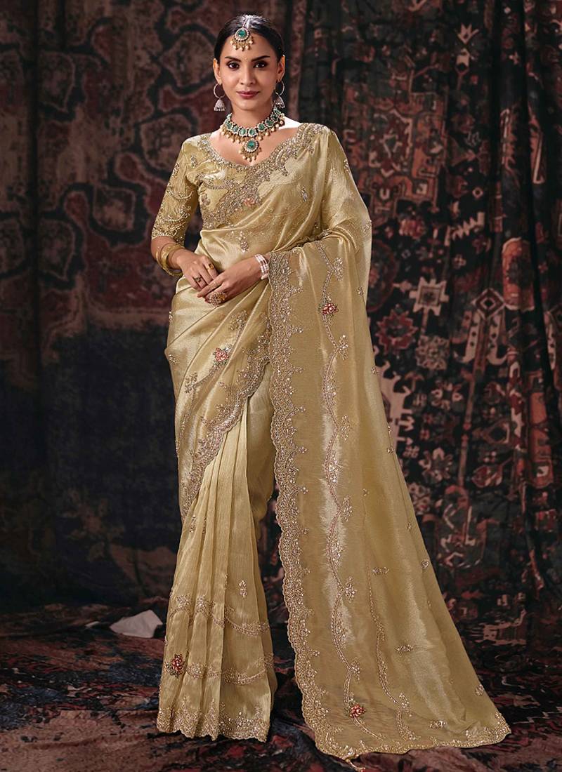 beige kanjivaram silk heavy embroidery beads party wear saree