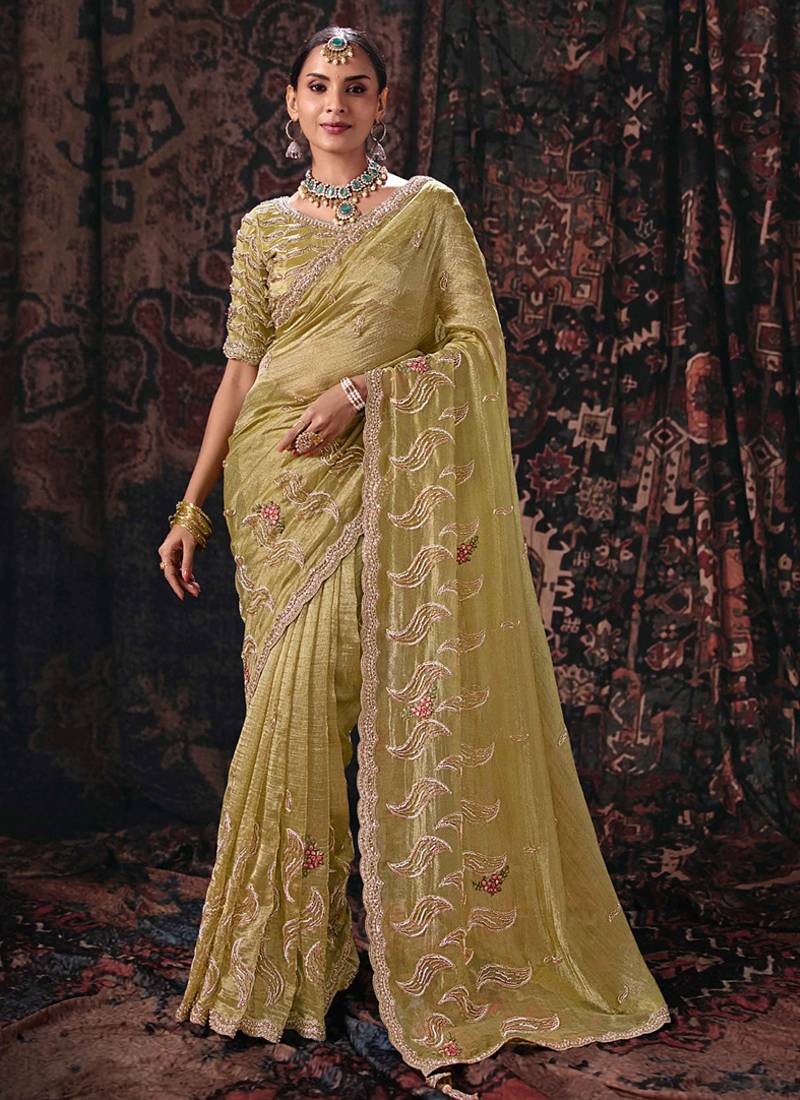 Pista salsa heavy embroidery beads party wear saree