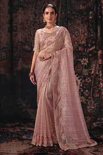 pink linen salsa heavy embroidery beads party wear saree