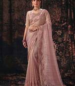 pink linen salsa heavy embroidery beads party wear saree