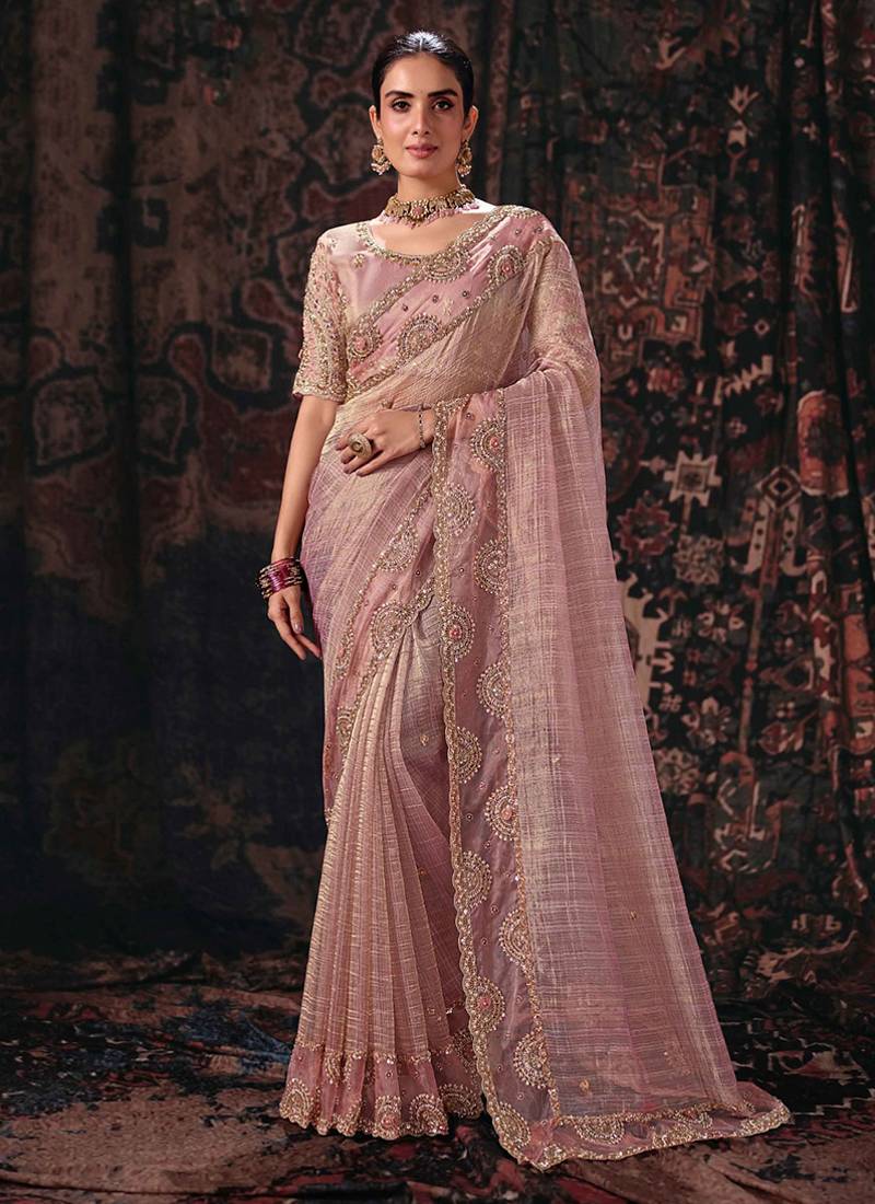 pink linen salsa heavy embroidery beads party wear saree