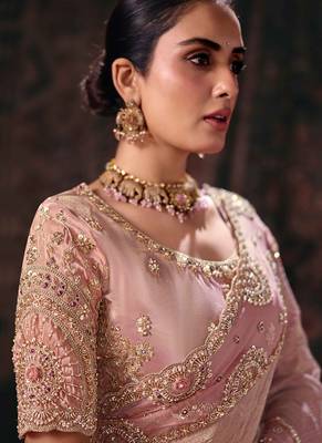 pink linen salsa heavy embroidery beads party wear saree 2