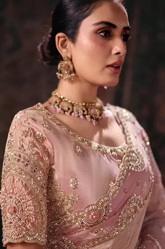pink linen salsa heavy embroidery beads party wear saree
