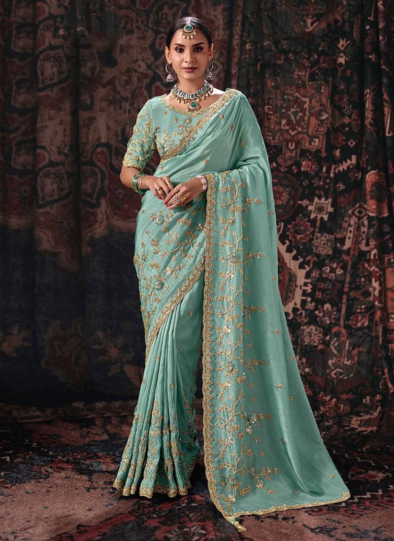 Sky blue pure tissue heavy embroidery beads party wear saree