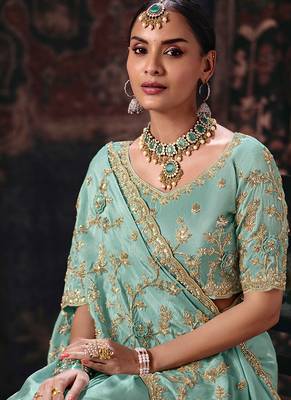 Sky blue pure tissue heavy embroidery beads party wear saree 2