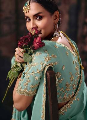 Sky blue pure tissue heavy embroidery beads party wear saree 3
