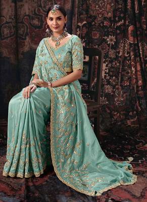 Sky blue pure tissue heavy embroidery beads party wear saree 4