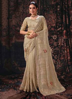 chiku linen salsa heavy embroidery beads party wear saree 1