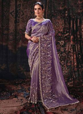 Dark purple salsa heavy embroidery beads party wear saree 1