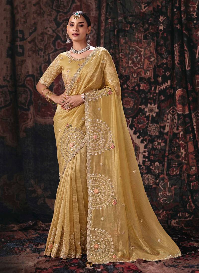 Yellow salsa heavy embroidery beads party wear saree