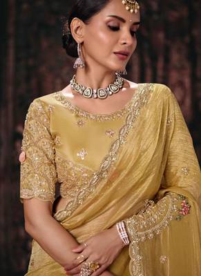 Yellow salsa heavy embroidery beads party wear saree 2