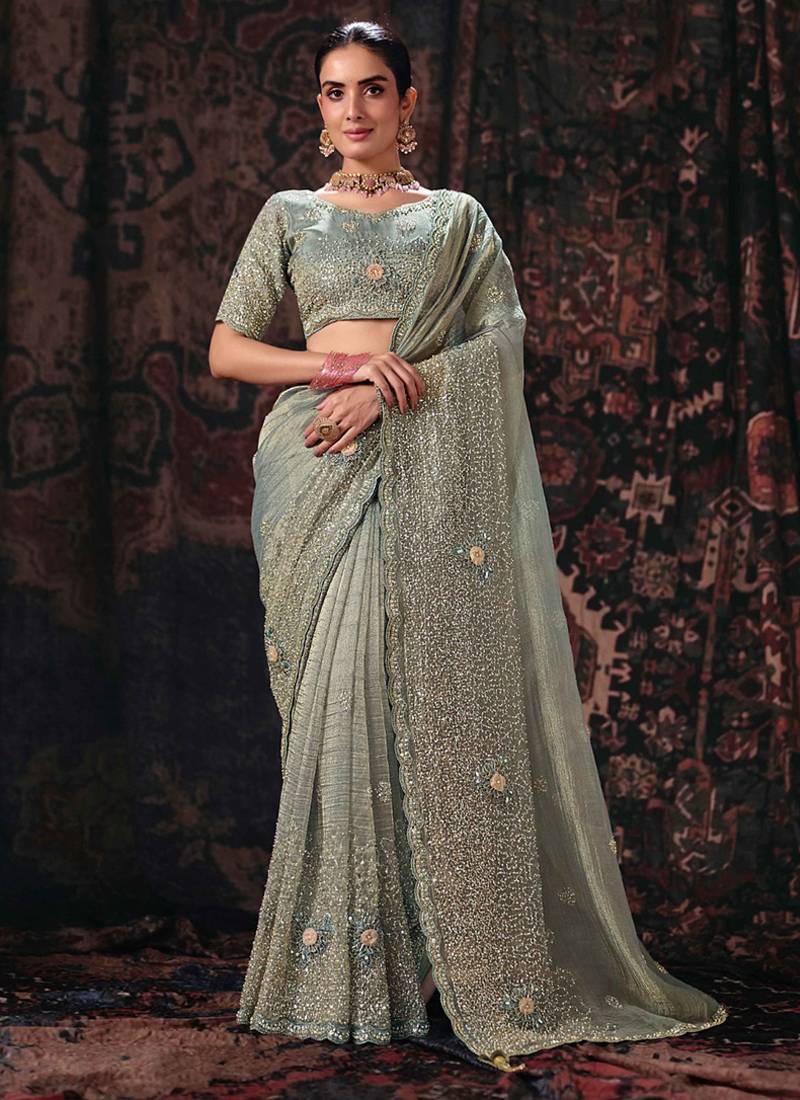 Grey salsa heavy embroidery beads party wear saree