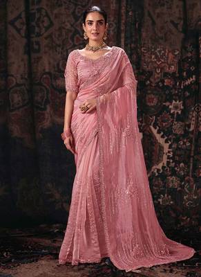 pink bala silk blend heavy embroidery beads party wear saree 1