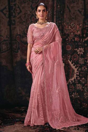 pink bala silk blend heavy embroidery beads party wear saree