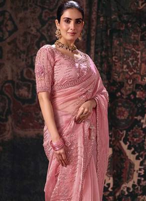 pink bala silk blend heavy embroidery beads party wear saree 2