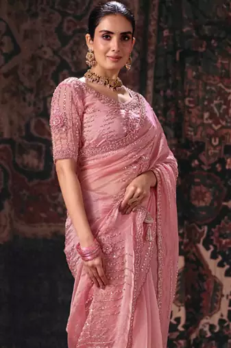 pink bala silk blend heavy embroidery beads party wear saree
