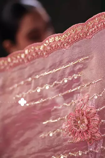 pink bala silk blend heavy embroidery beads party wear saree
