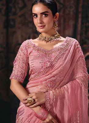 pink bala silk blend heavy embroidery beads party wear saree 4