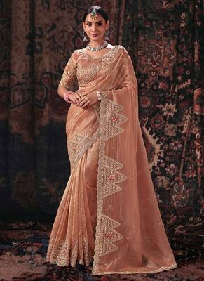 peach salsa heavy embroidery beads party wear saree 1