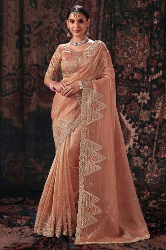 peach salsa heavy embroidery beads party wear saree