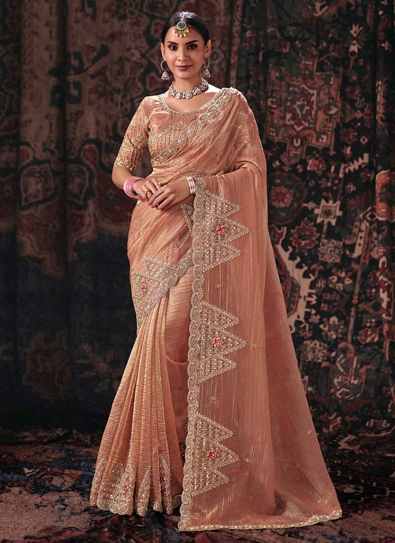 peach salsa heavy embroidery beads party wear saree