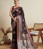 Maroon ethnic motifs woven design zari banarasi saree