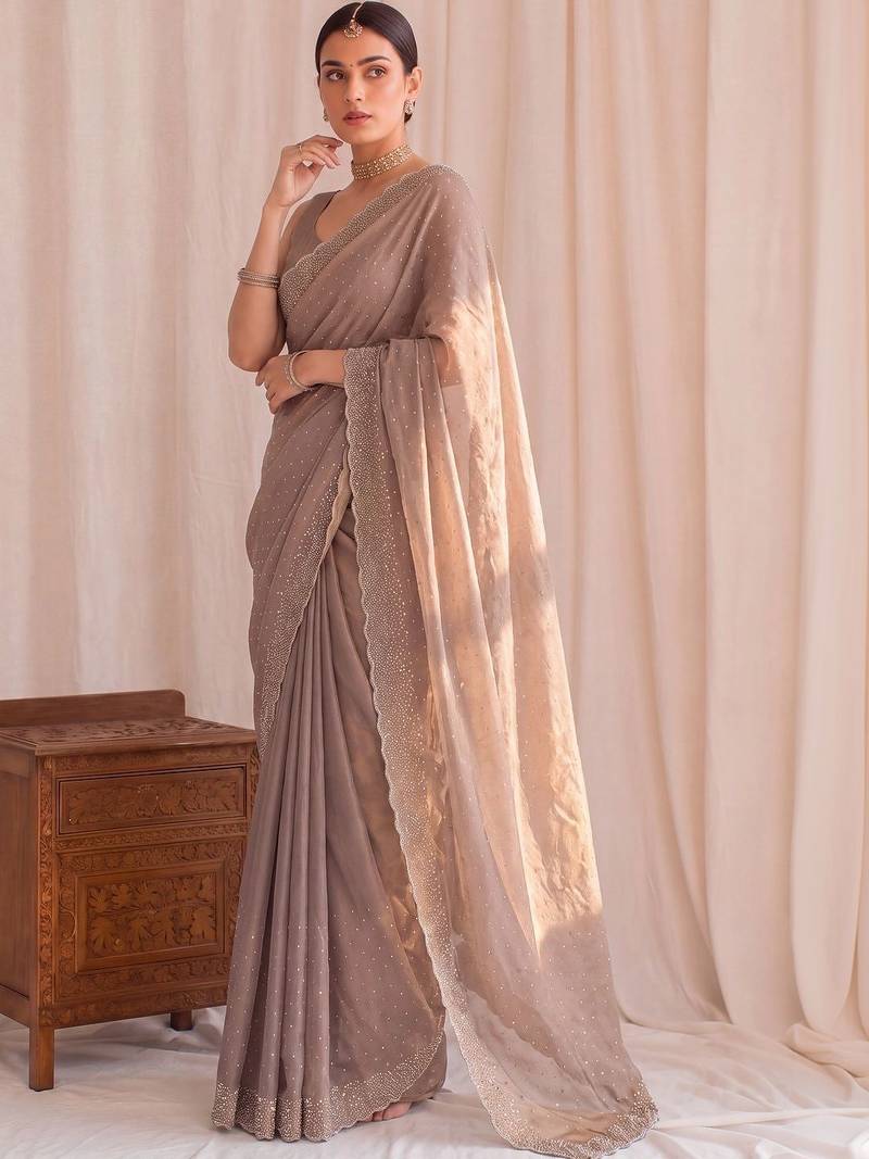 Beige embellished embroidered tissue designer saree