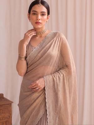 Beige embellished embroidered tissue designer saree 3