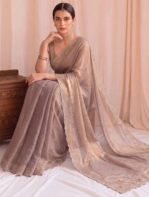 Beige embellished embroidered tissue designer saree 4