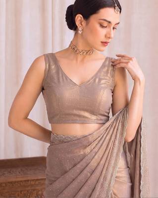 Beige embellished embroidered tissue designer saree 5