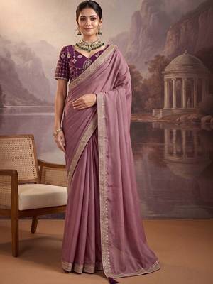 Purple embellished embroidered poly georgette heavy work saree 1