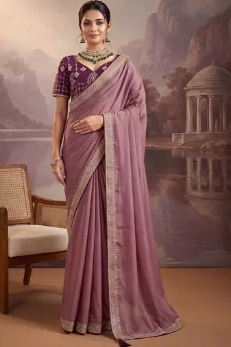Purple embellished embroidered poly georgette heavy work saree