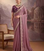 Purple embellished embroidered poly georgette heavy work saree