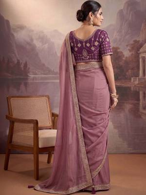 Purple embellished embroidered poly georgette heavy work saree 2