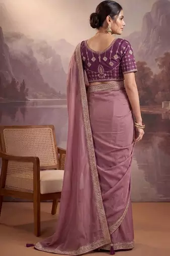 Purple embellished embroidered poly georgette heavy work saree