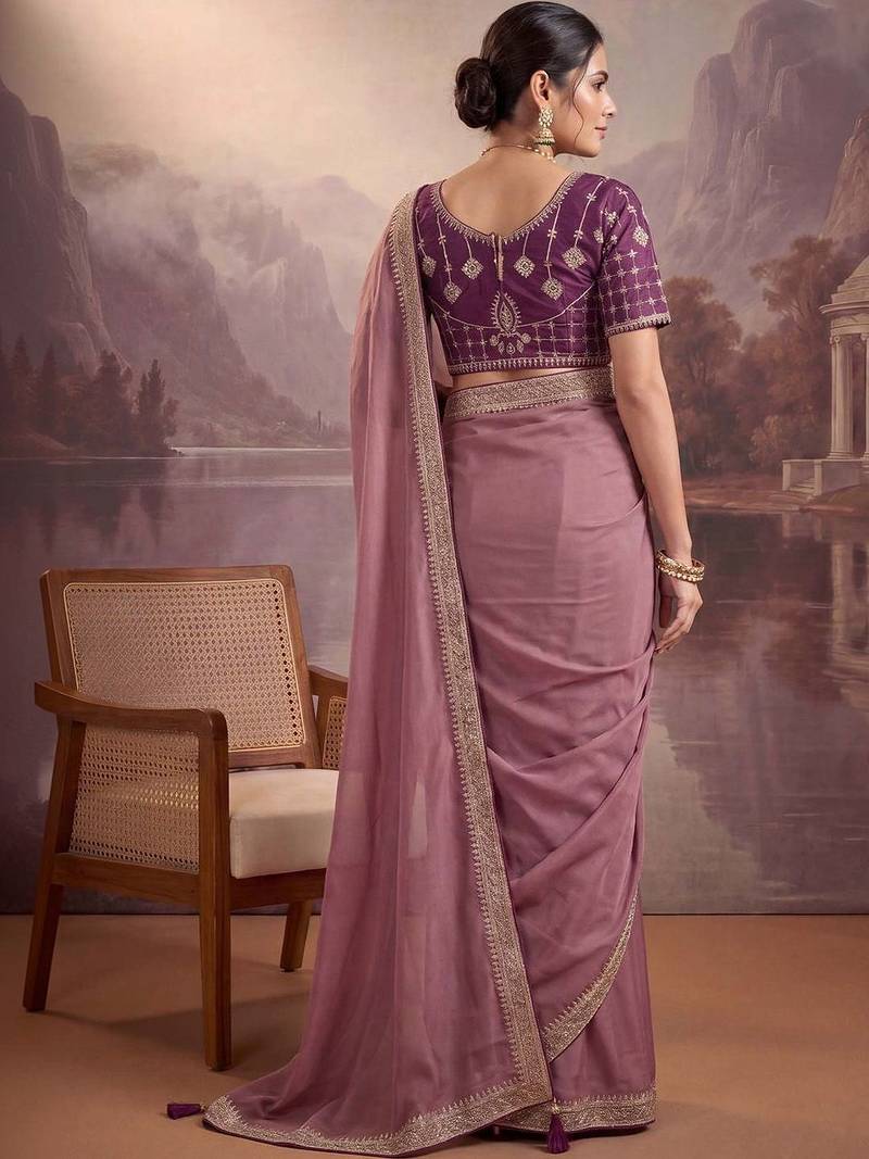 Purple embellished embroidered poly georgette heavy work saree