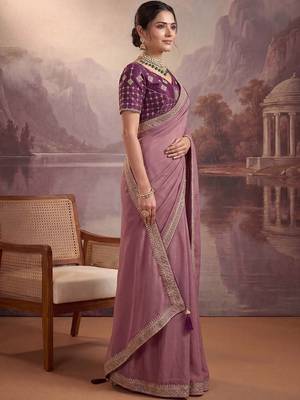 Purple embellished embroidered poly georgette heavy work saree 3